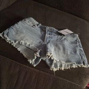 Almost Famous Blue High Waist Denim Shorts with Distressed Hem